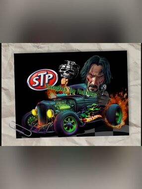 STP x Hot Wheels Neon John Wick Green Flame Hot Rod Racer Metal Sign Death Skull